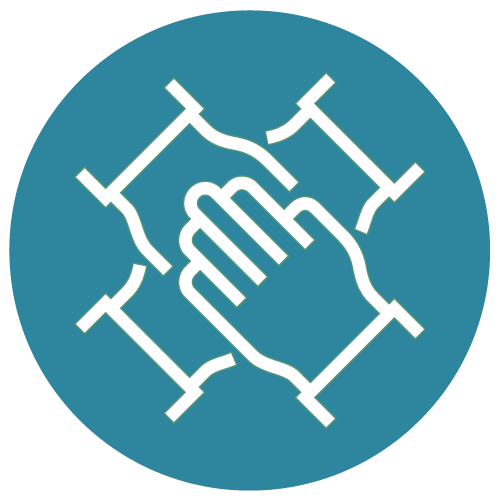 Icon of four team members hands stacked together