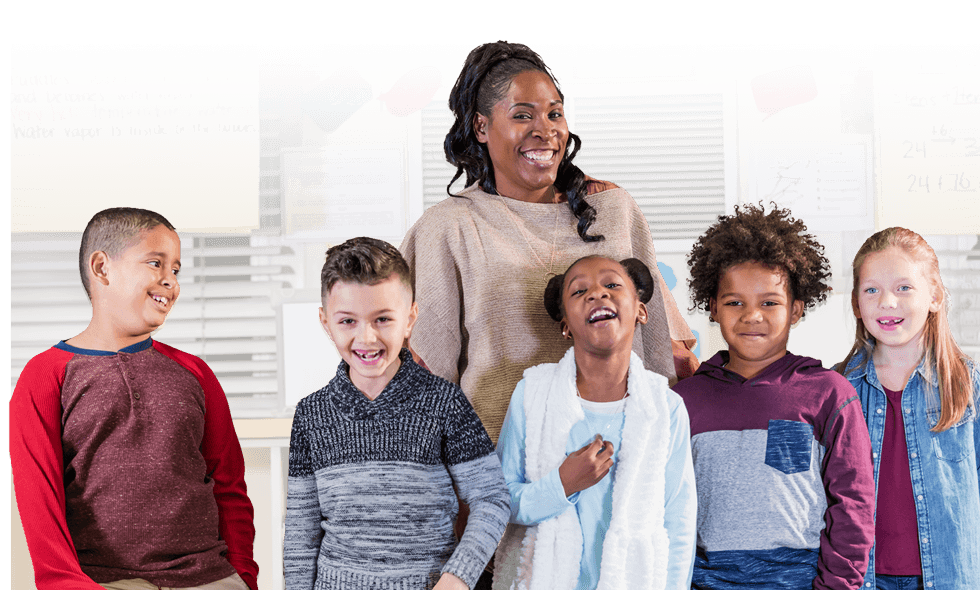 Building-Relationships-Top-Banner-mobile A group of five elementary students posing with their teacher for a picture