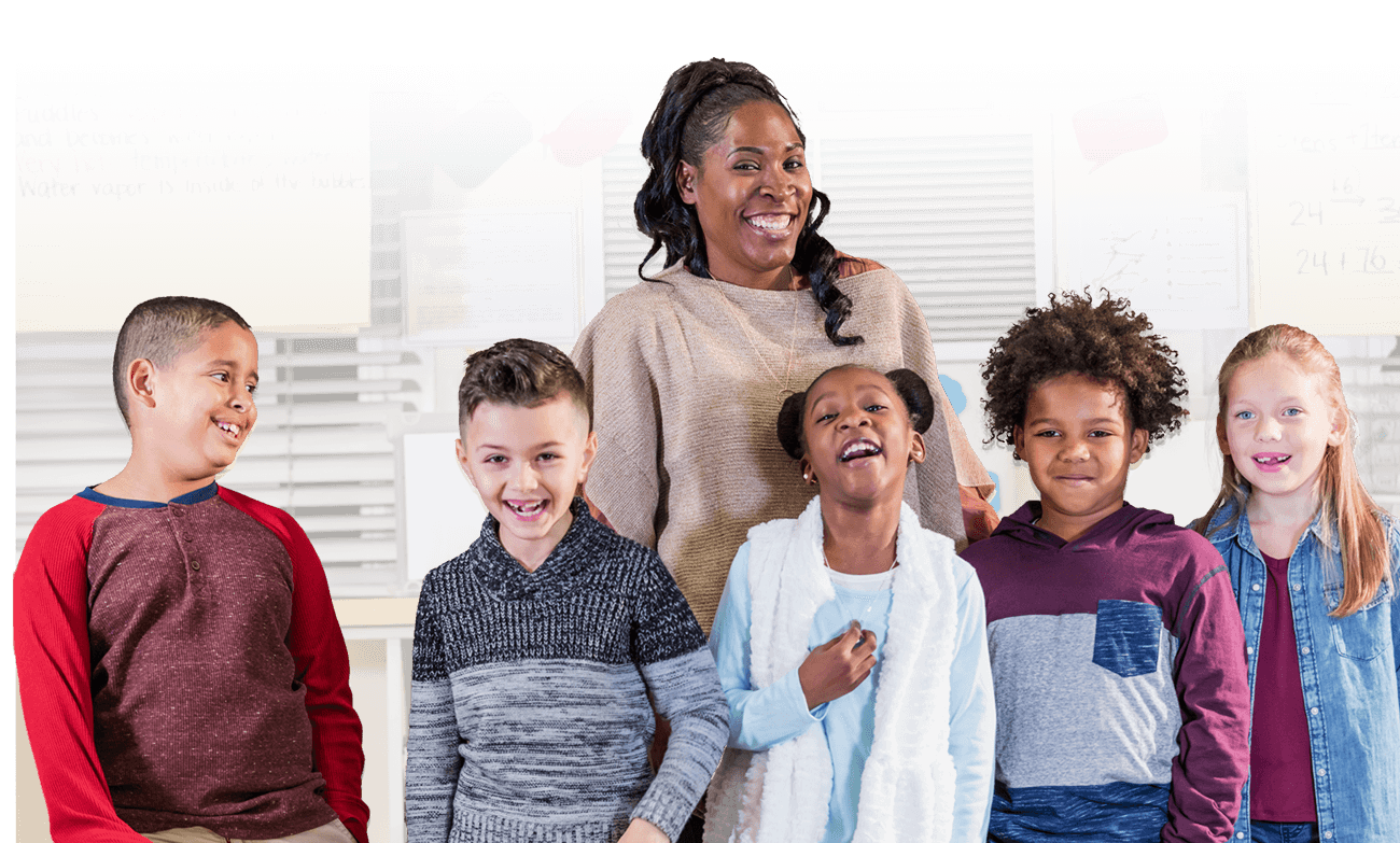 Building-Relationships-Top-Banner-tablet A group of five elementary students posing with their teacher for a picture