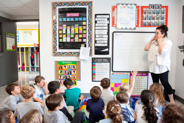 Elementary school teacher teaching a classroom full of students gathered on the floor